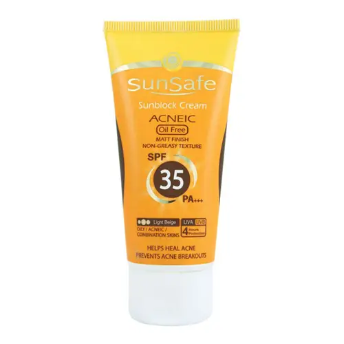 sunsafe acneic oil free tinted cream spf35 medium light color کرم ضد آفتاب رنگی سان سیف فاقد چربی SPF 35 رنگ بژ روشن