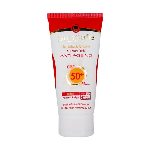 sunsafe anti ageing sunblock cream spf50 natural beige کرم ضد آفتاب و ضد چروک سان سیف SPF50 رنگ بژ طبیعی