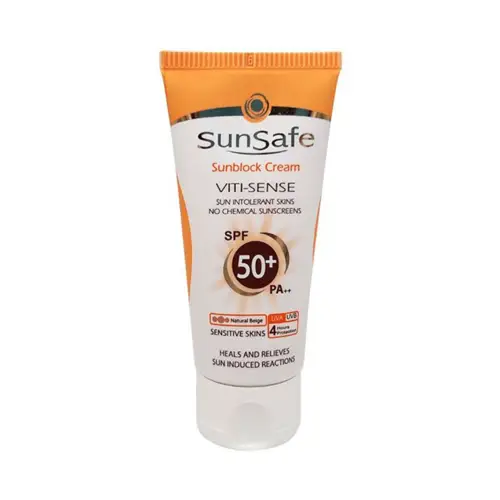 sunsafe viti sense sunblock cream spf50 ضد آفتاب سان سیف رنگی پوست حساس SPF 50 بژ طبیعی