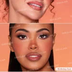 تست رنگ رژگونه مایع شیگلم رنگ Birthday Suit روی لب ها