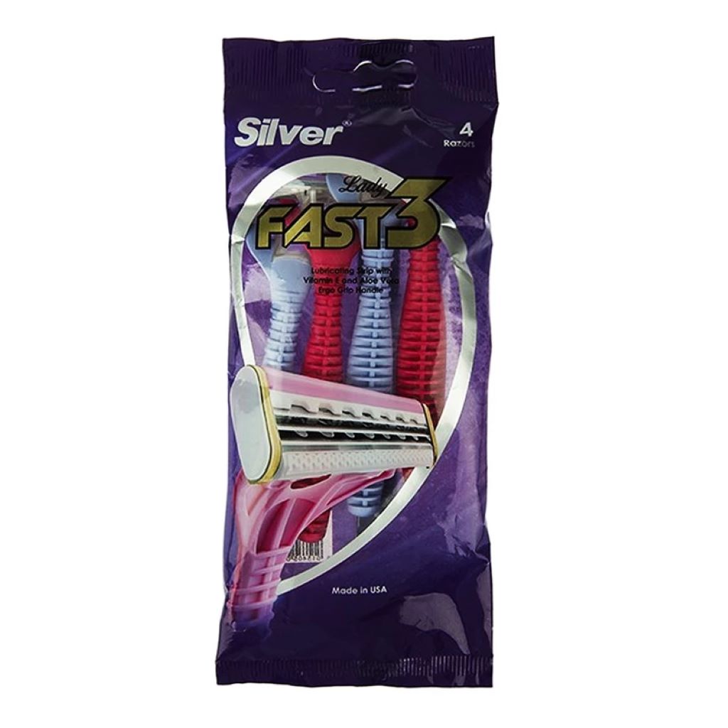 بدوروژ تیغ چند بار مصرف سیلور 3 لبه فست3 زنانه (پک 4 عددی) خود تراش سیلور مدل 3 Fast Lady بسته 4 عددی