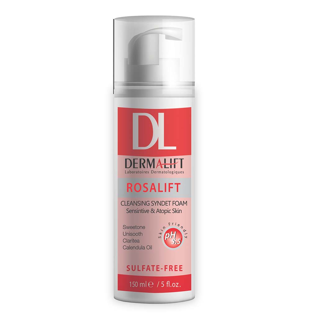 فوم-شستشوی-صورت-مناسب-پوست-های-حساس-درمالیفت فوم شستشوی صورت پوست حساس رزالیفت 150ml برند درمالیفت
