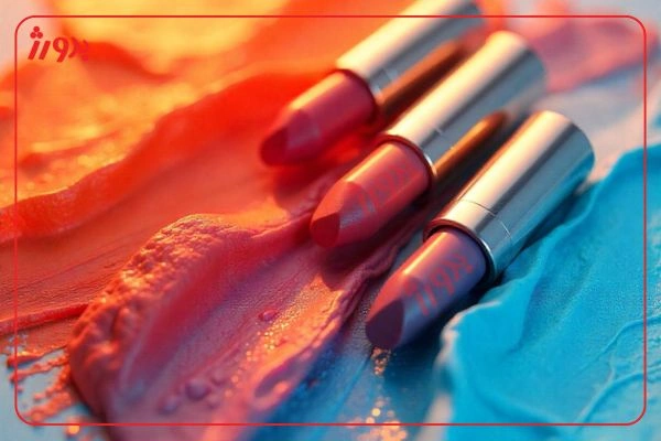 عکس مربوط به رنگ رژلب با کیفیت بدون بکگراند ترند رنگی رژ لب با رنگ قرمز و جلوه در نورهای مختلف با پس زمینه نارنجی تا آبی