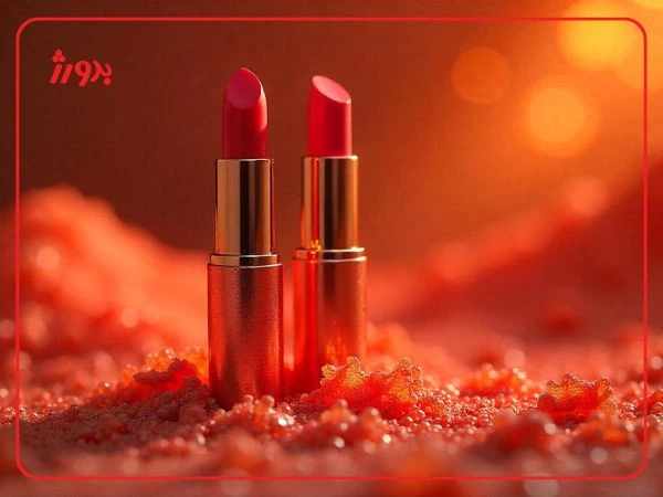 تصویر زیبا دو عدد رژ لب ایستاده با بکگراند قرمز و نارنجی