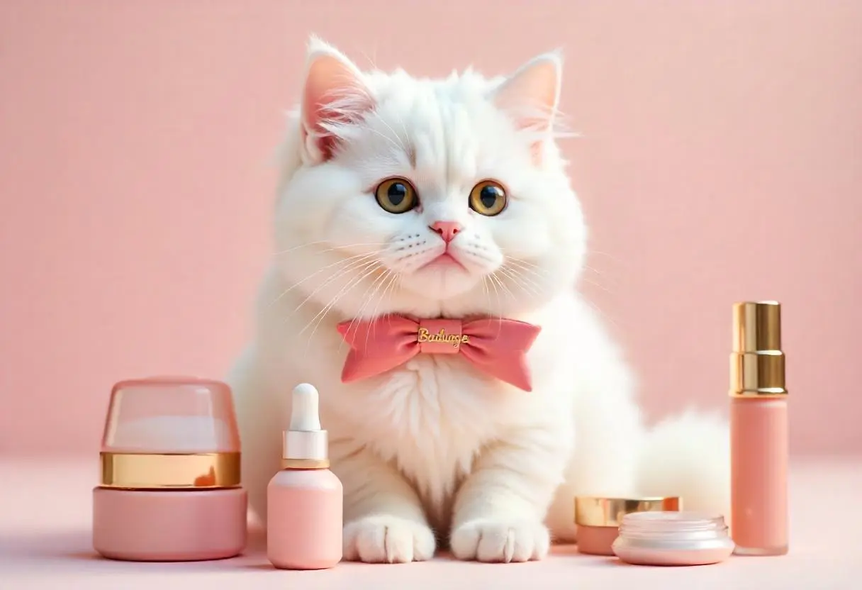 گربه کوچولو هوش مصنوعی بدروژ در کنار رژ لب پس زمینه صورتی