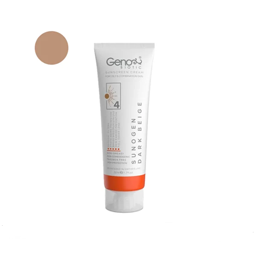 0010294ang کرم ضد آفتاب ژنوبایوتیک رنگ بژ تیره مدل سانو ژن پوست چرب SPF 50