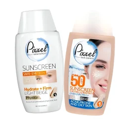 عکس مربوط به بهترین روتین روزانه مراقبت از پوست با کیفیت بدون بکگراند پک ضد آفتاب دور چشم و صورت پیکسل بژ روشن