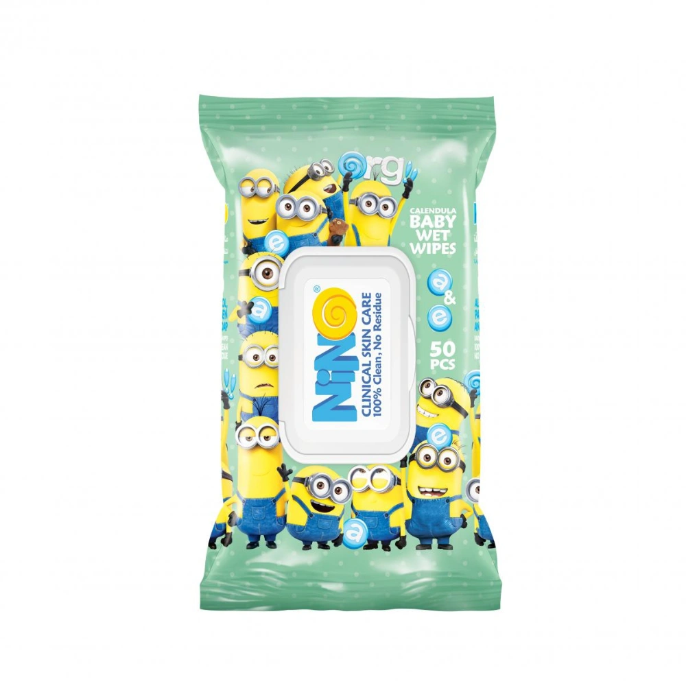 0010383bwu دستمال مرطوب کودک نینو مدل مینیون سبز درب دار 50 برگ